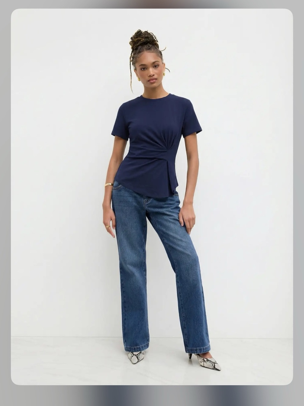 Cider COTTON-BLEND ROUND NECKLINE RUCHED ASYMMETRICAL HEM TEE M PG7-12